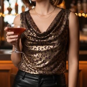 Dana Buchman M Contemporary Mobwife Leopard Metalli Silky Knit Cowl Neck Top